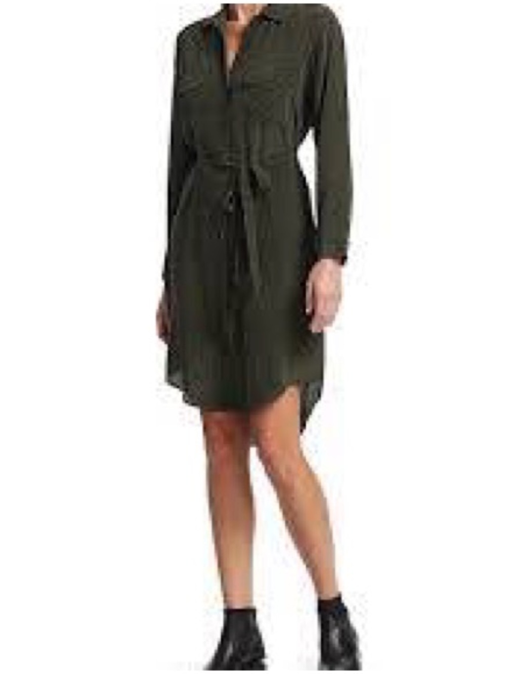 💯Silk Rails Olive Green Long Sleeve Shirt Dress with Tie Waist Snake print Size